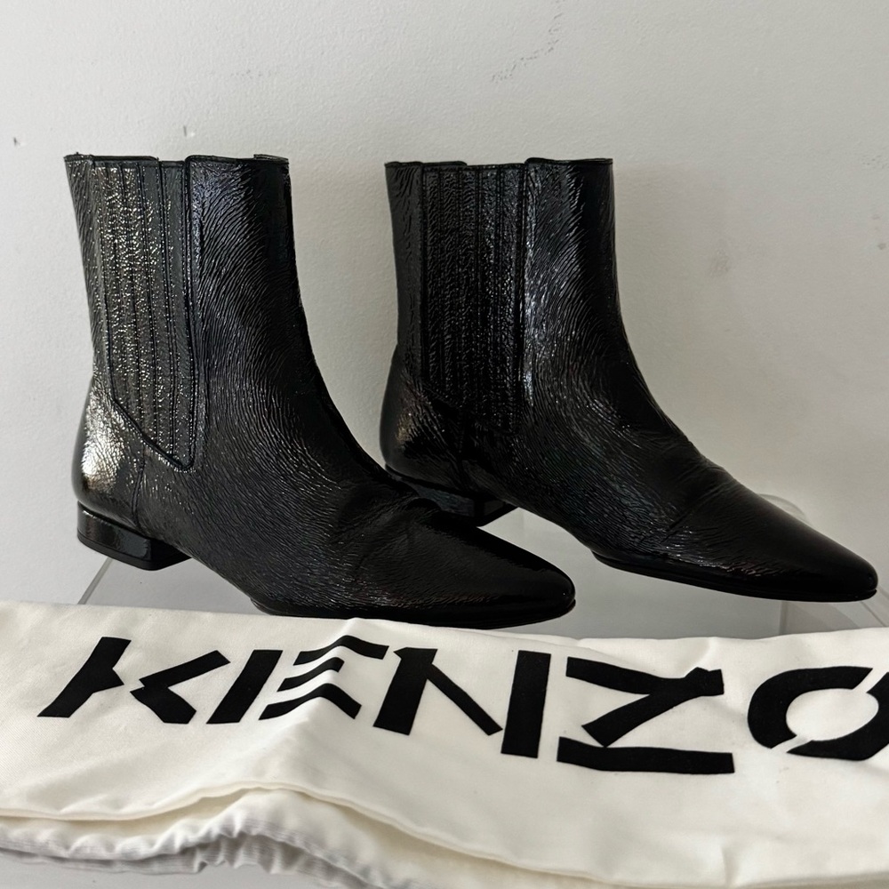 Kenzo Shiny Black K-Line Soft Leather Mid Boots Size 6